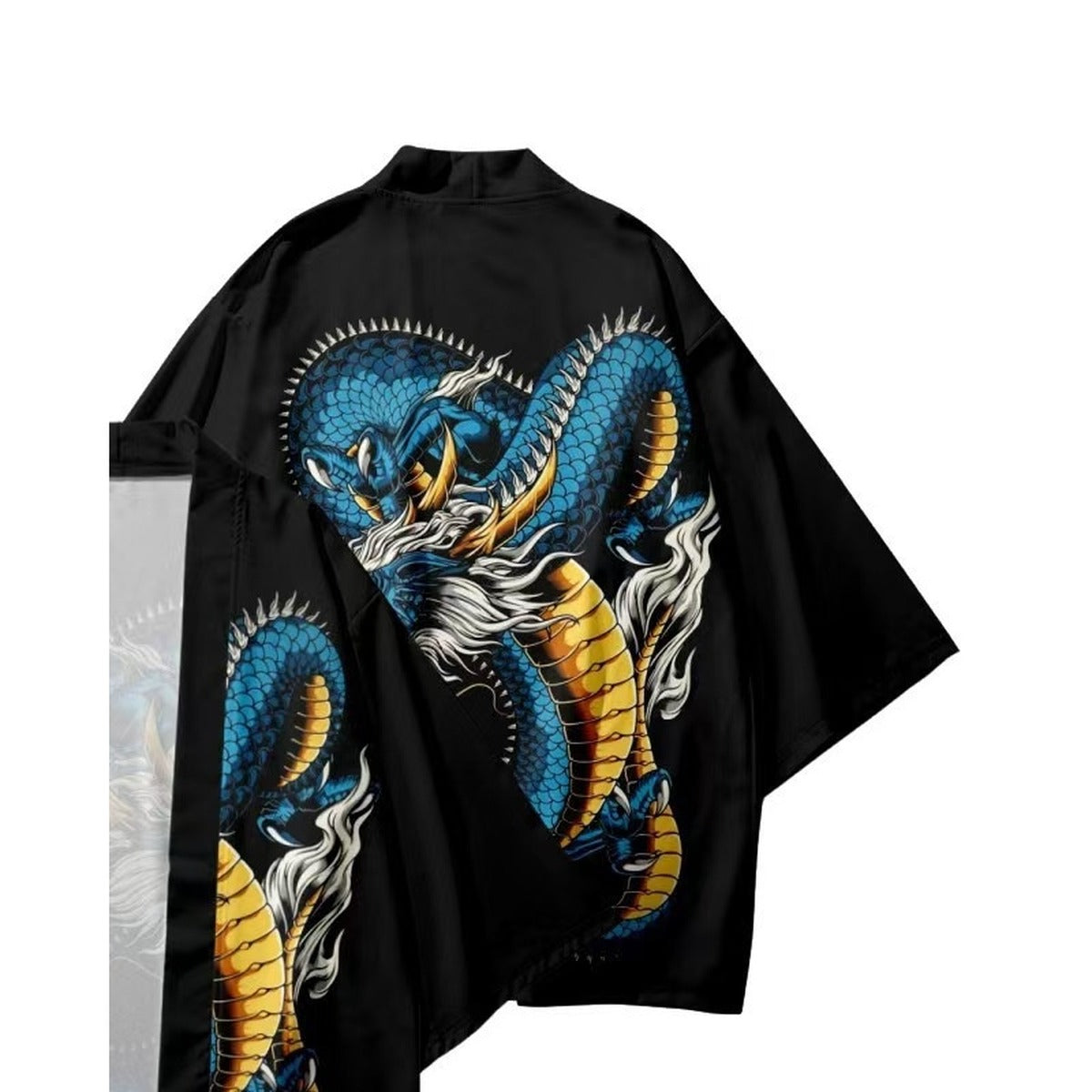 Men's dragon haori with blue and gold dragon print, back view