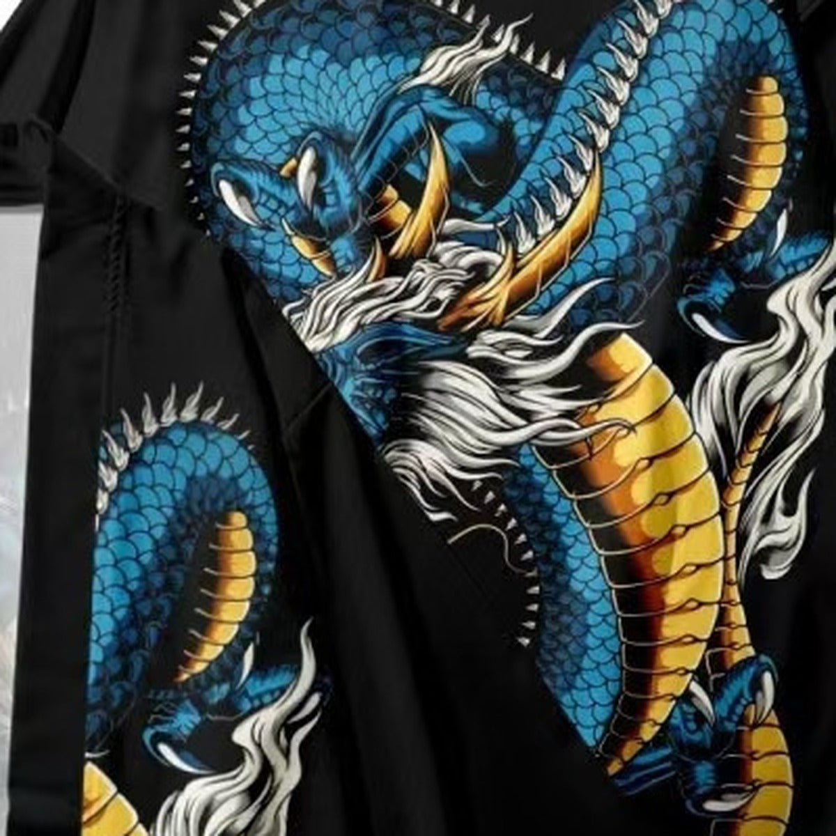 Men's dragon haori with blue and gold dragon print, print detail