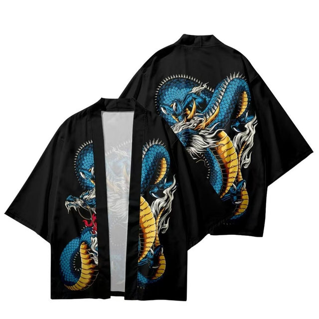 Men's dragon haori with blue and gold dragon print, front and back flat lay