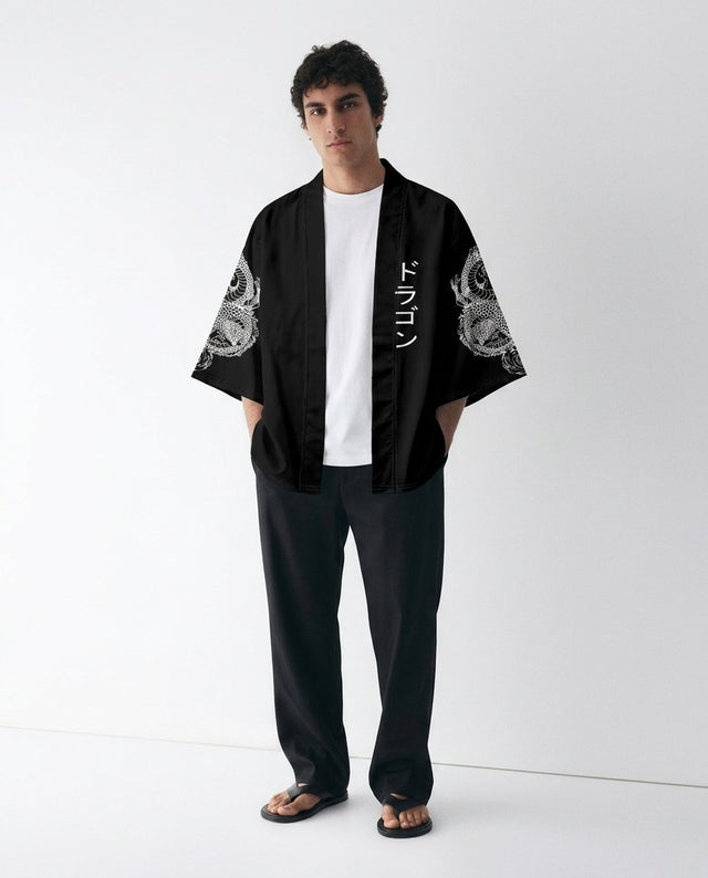 Dragon kimono for men on a model, front view