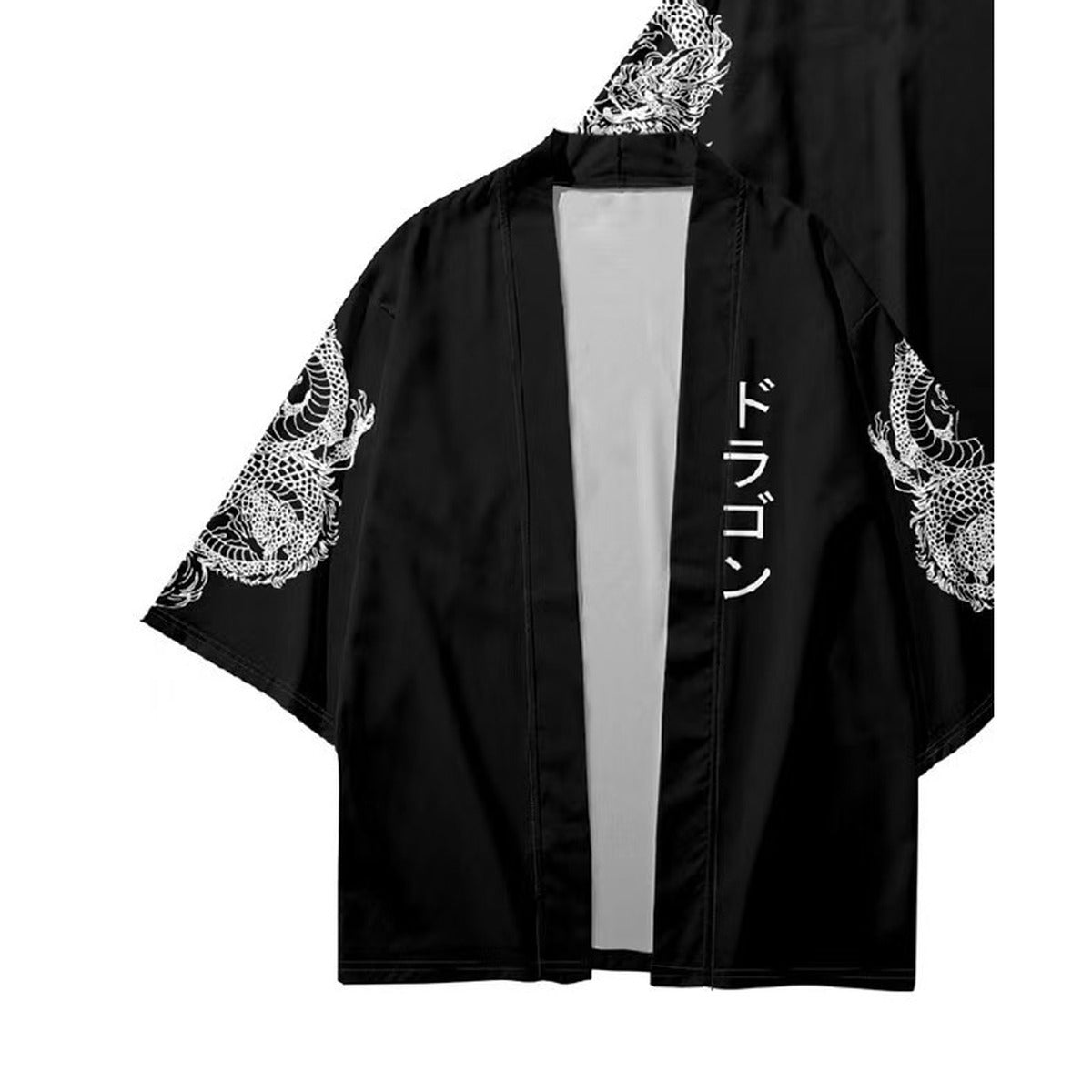 Men's dragon kimono jacket with dragon sleeve print, front view