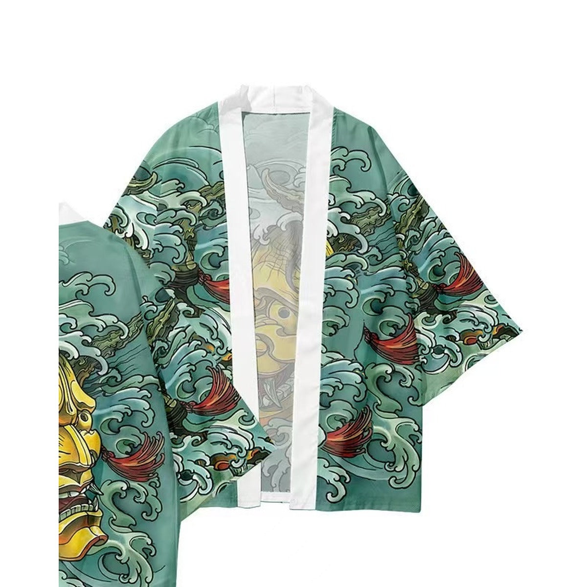 Men's hannya kimono jacket with hannya mask and wave print, back view