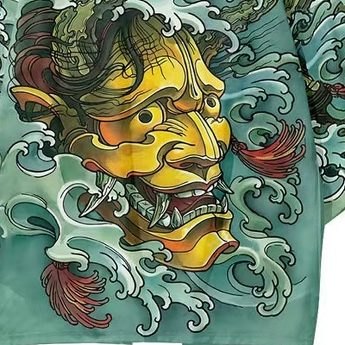 Men's hannya kimono jacket with hannya mask and wave print, print detail
