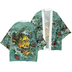 Men's hannya kimono jacket with hannya mask and wave print, front and back flat lay