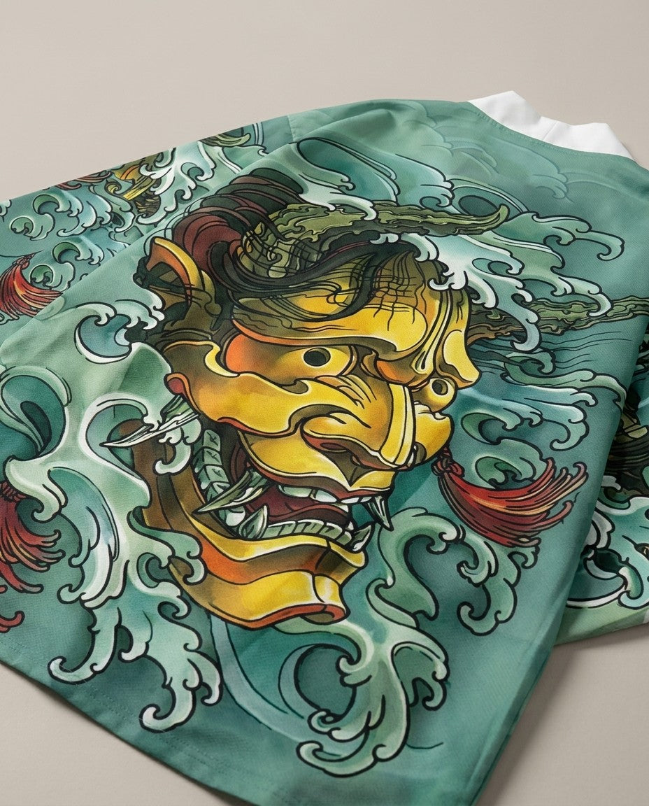 Hannya kimono for men, print close-up