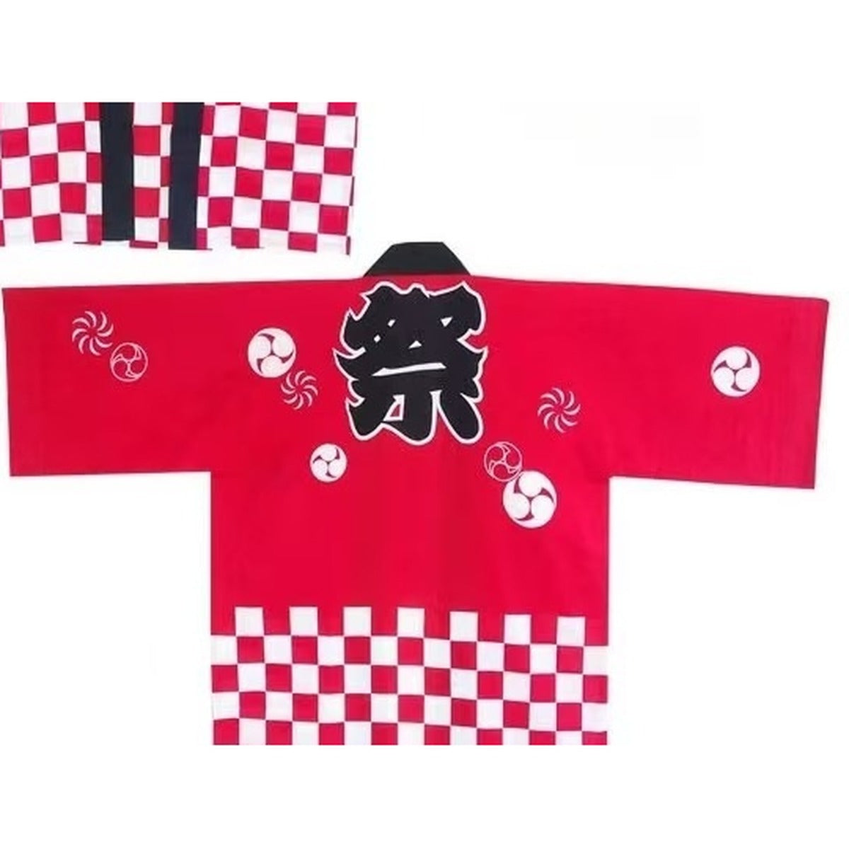 Men's red happi coat with checked hem and matsuri kanji, back view