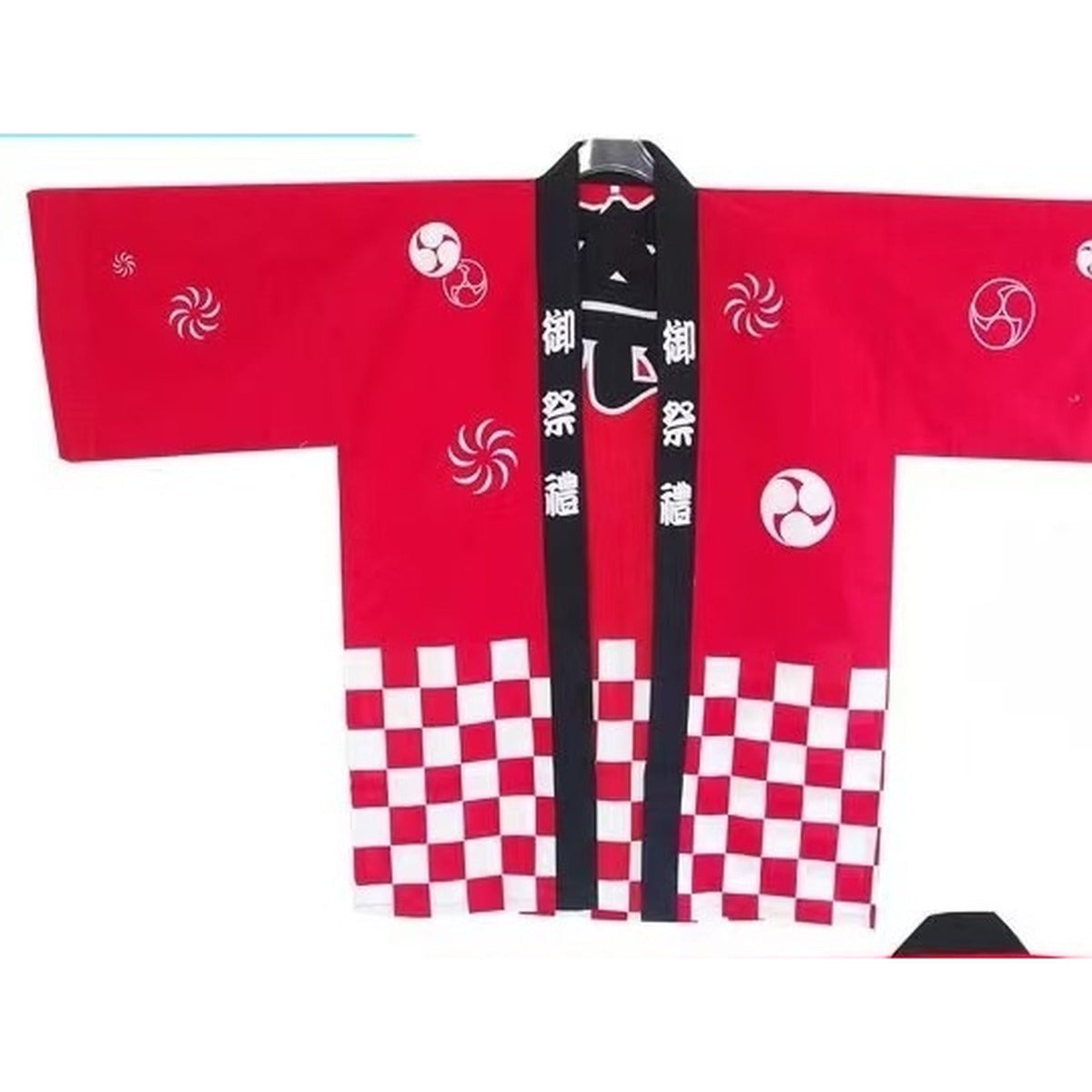 Men's red happi coat with checked hem and matsuri kanji, front view