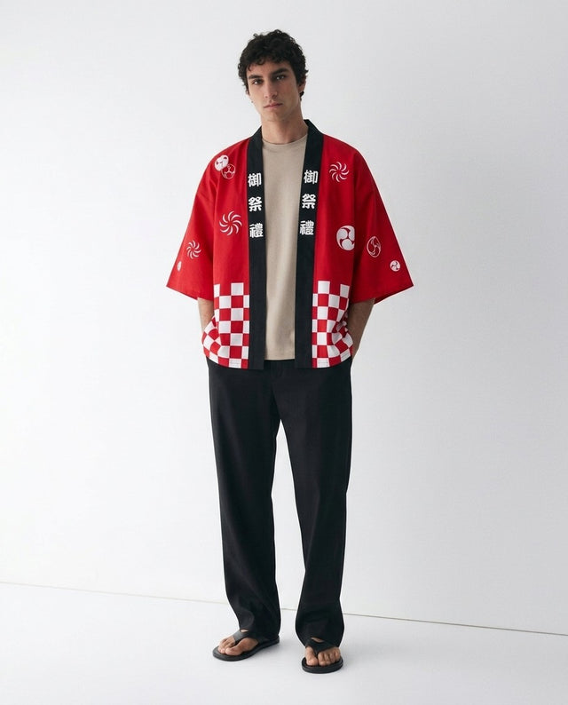 Happi coat for men on a model, front view, red