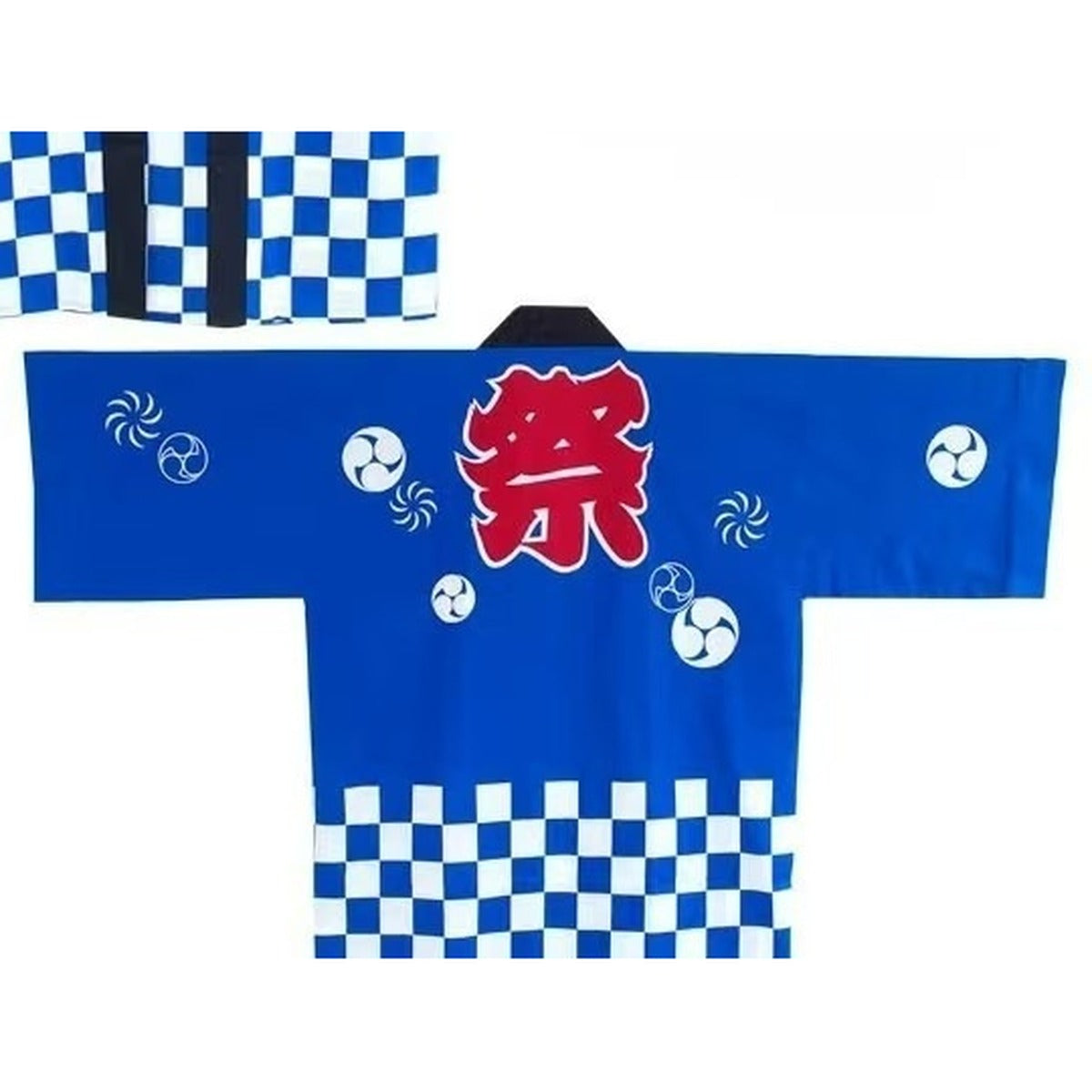 Men's blue happi jacket with checked hem and matsuri kanji, back view