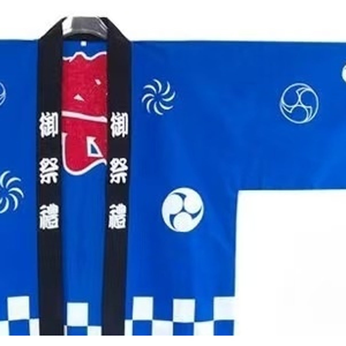 Men's blue happi jacket with checked hem and matsuri kanji, print detail