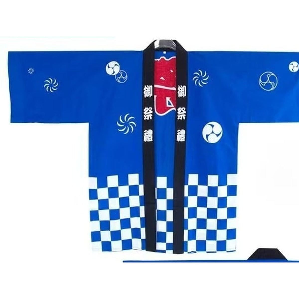 Men's blue happi jacket with checked hem and matsuri kanji, front view