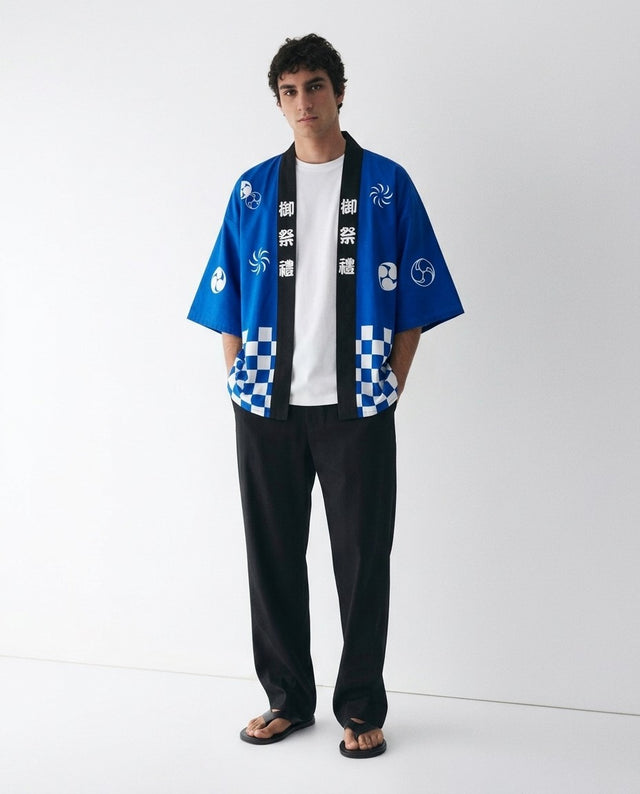 Happi jacket for men on a model, front view, blue