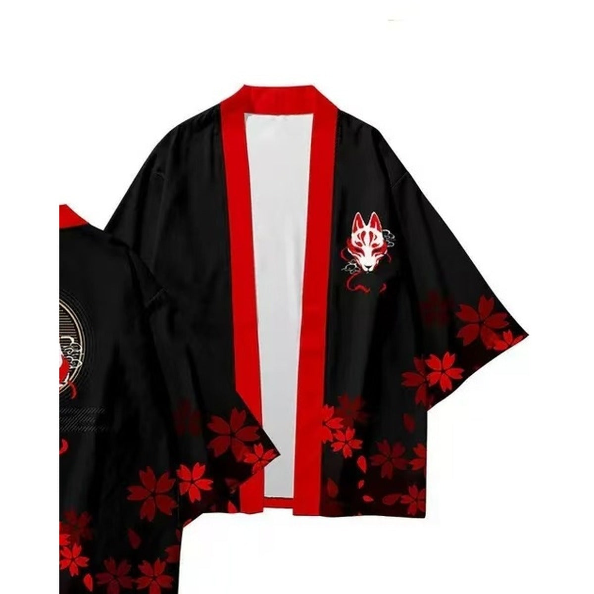 Men's kitsune kimono jacket with fox mask and sakura print, back view