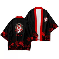 Men's kitsune kimono jacket with fox mask and sakura print, front and back flat lay