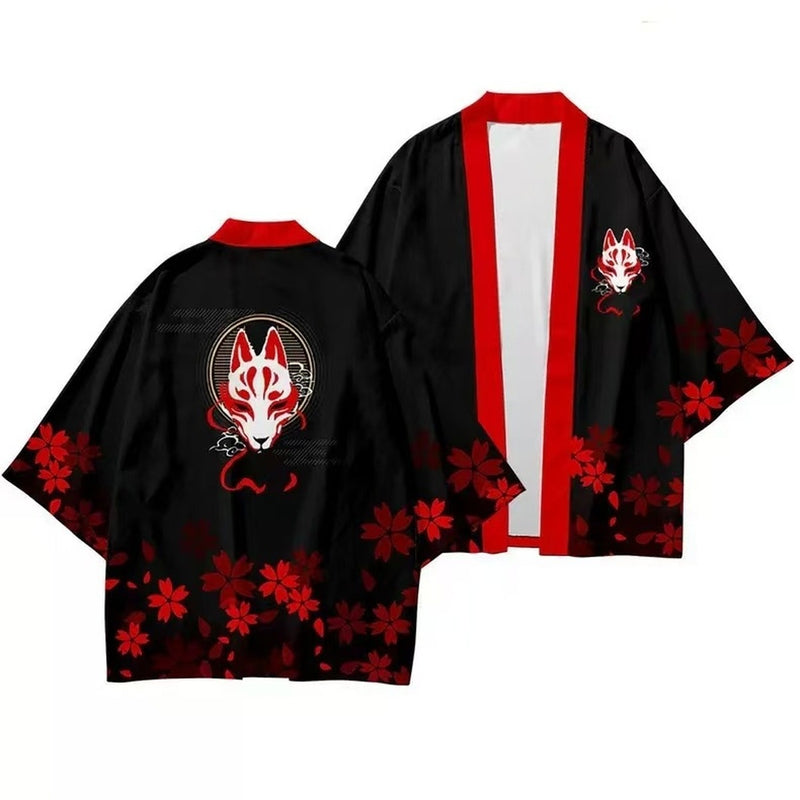 Men's kitsune kimono jacket with fox mask and sakura print, front and back flat lay
