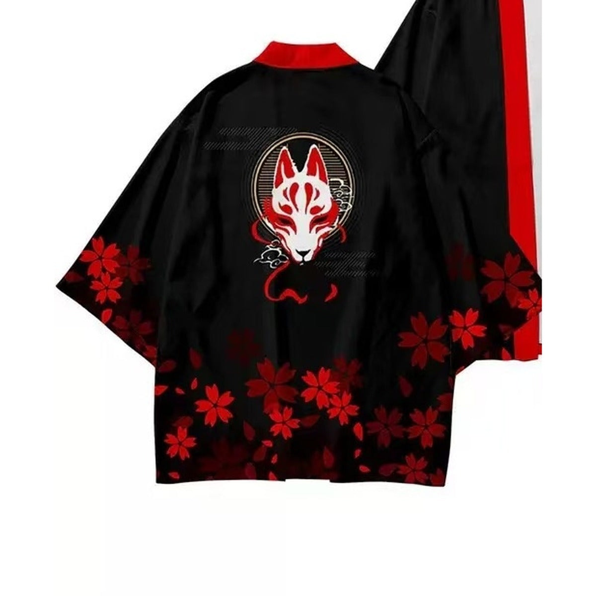 Men's kitsune kimono jacket with fox mask and sakura print, front view