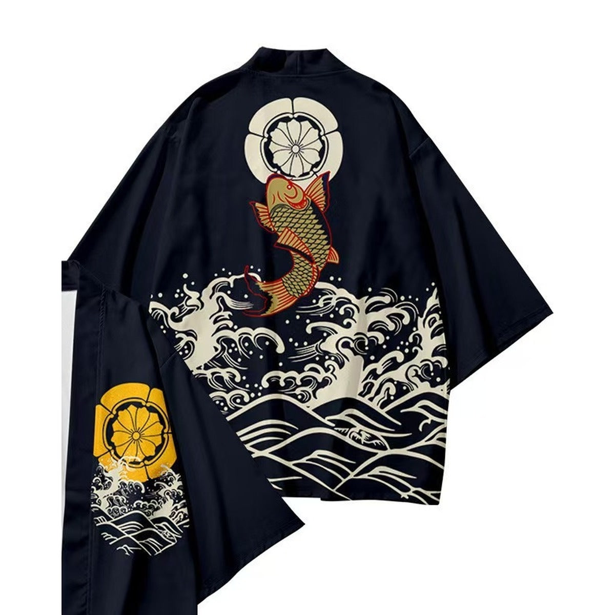 Men's koi kimono jacket with koi carp and wave print, back view