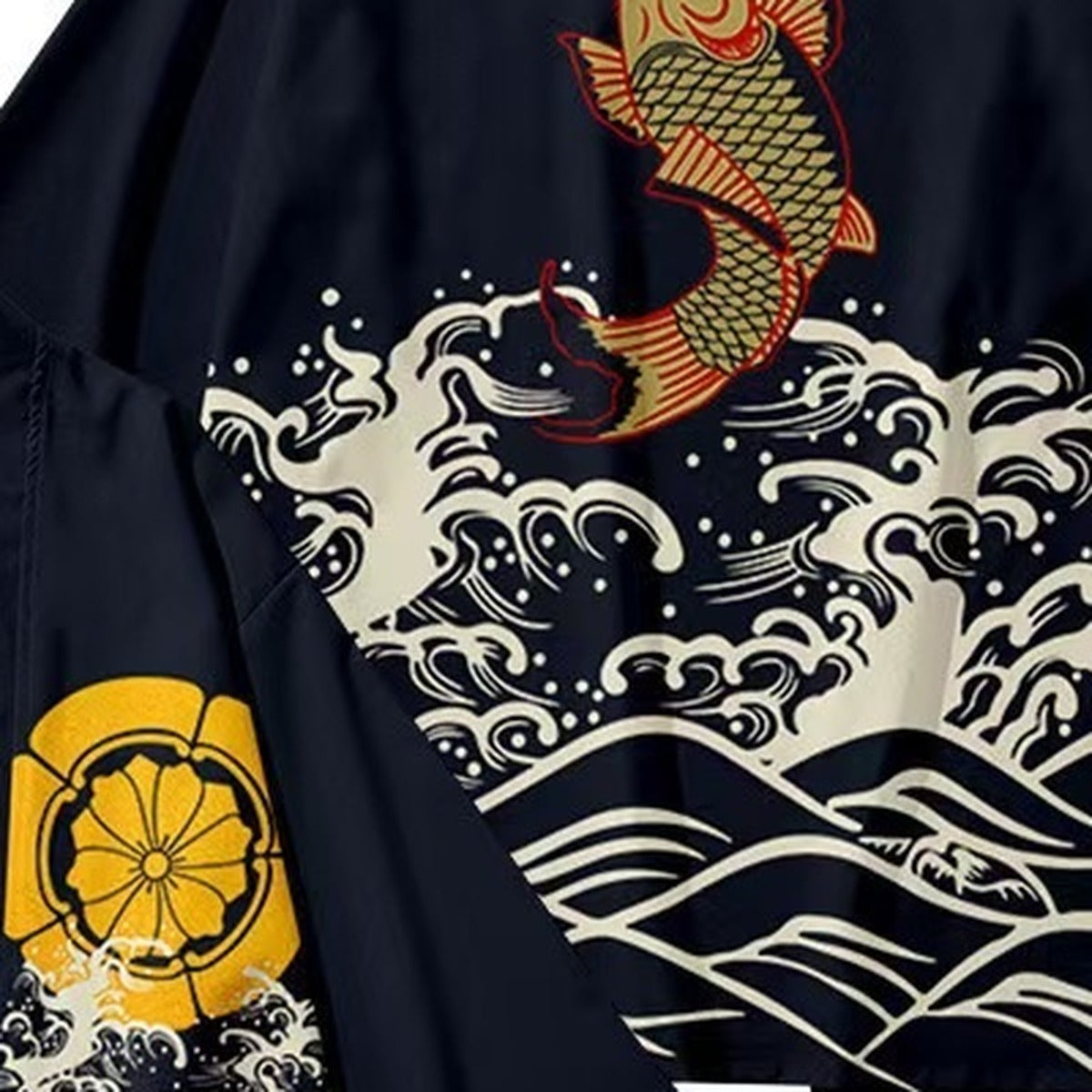 Men's koi kimono jacket with koi carp and wave print, print detail
