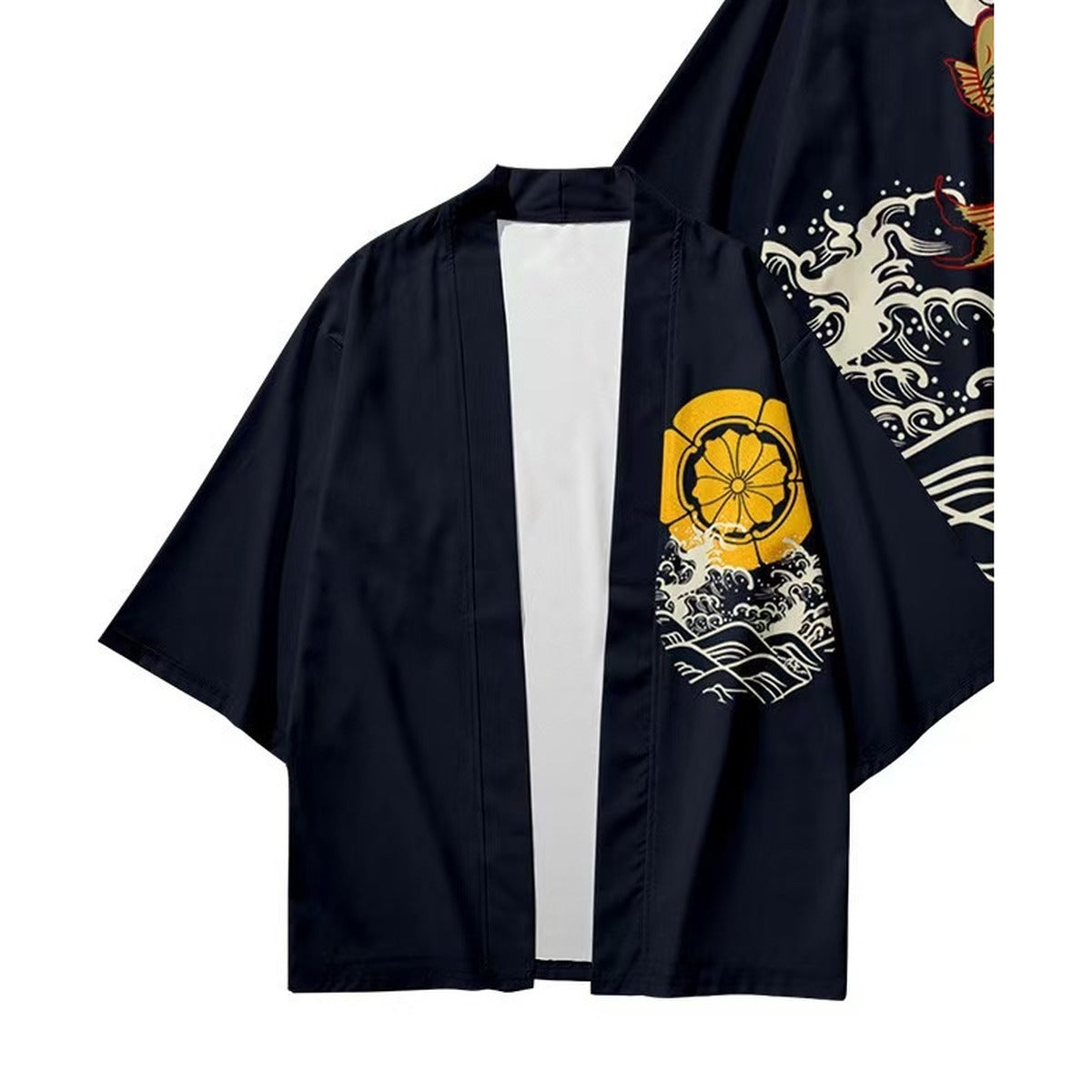 Men's koi kimono jacket with koi carp and wave print, front view