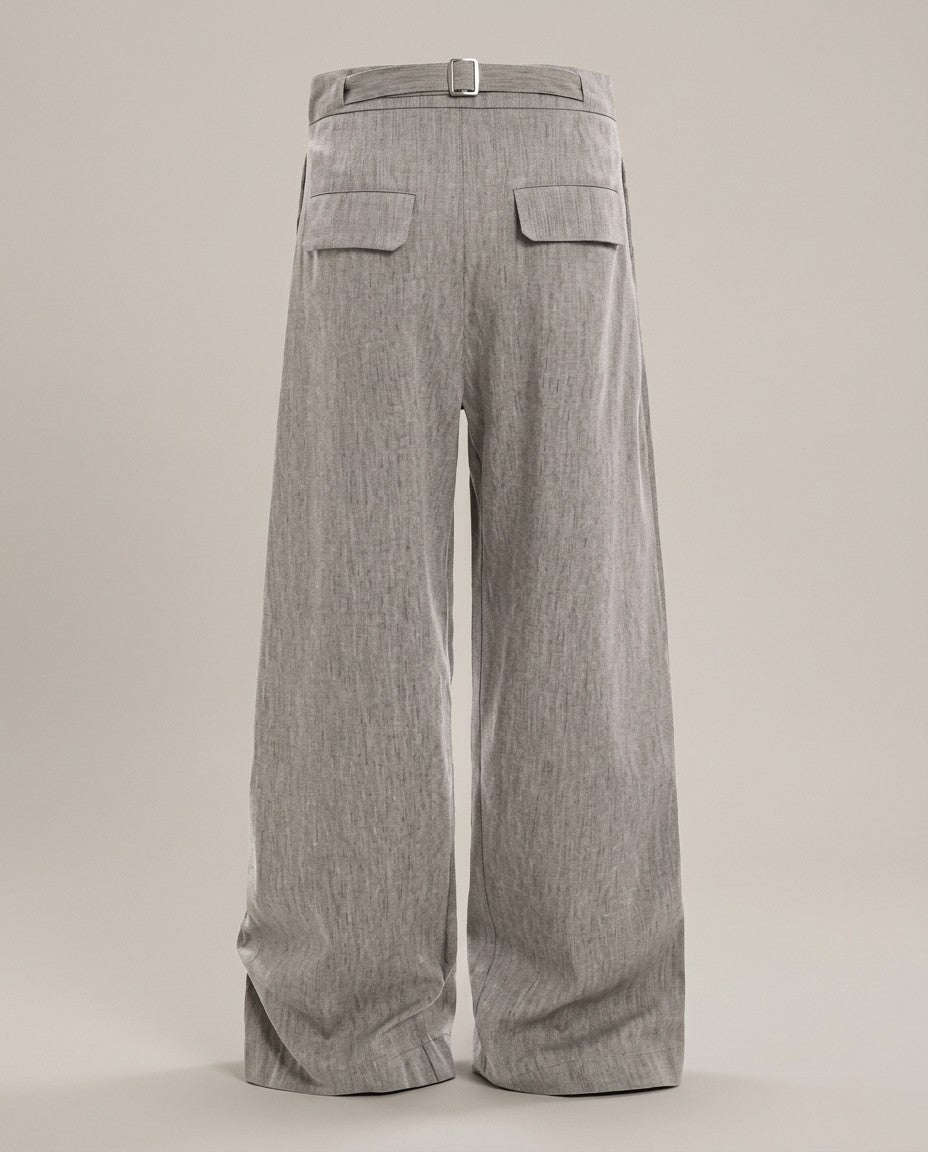 Mens pleated linen pants in gray, product back view with flap pockets