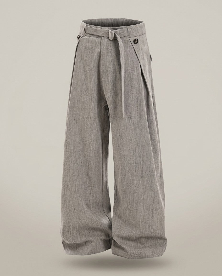Mens pleated linen pants in gray, product front view