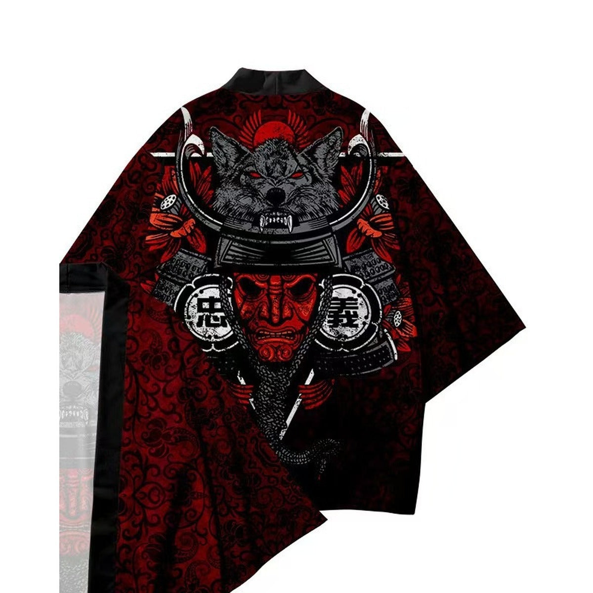 Men's red kimono jacket with red damask and samurai helmet print, back view