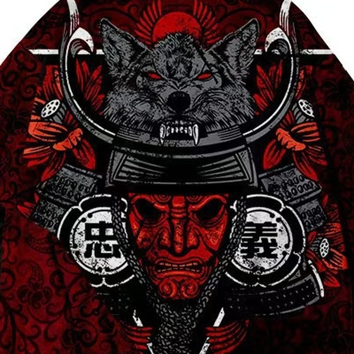 Men's red kimono jacket with red damask and samurai helmet print, print detail