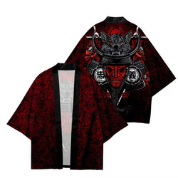 Men's red kimono jacket with red damask and samurai helmet print, front and back flat lay