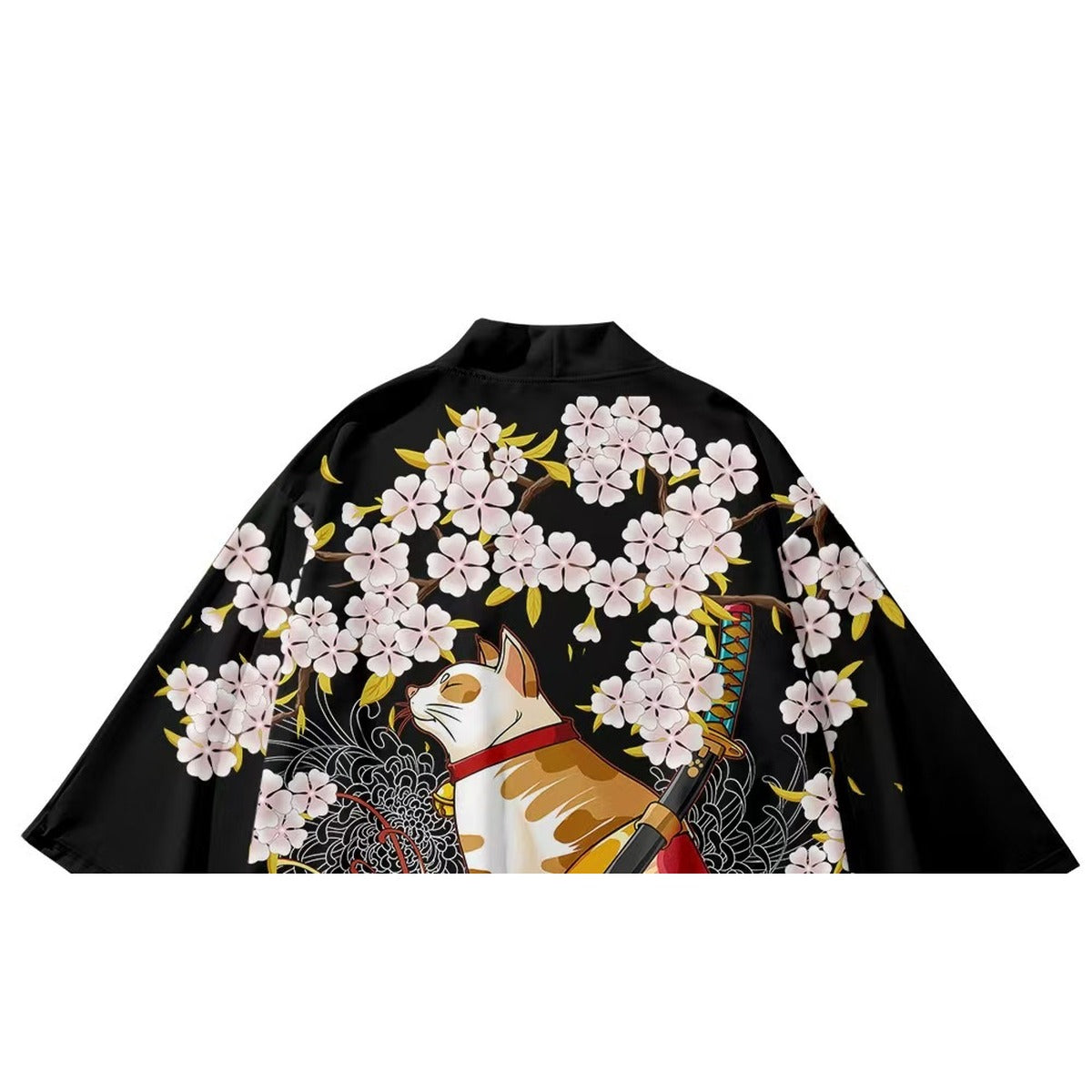 Men's sakura kimono jacket with cherry blossom and samurai cat print, cherry blossoms across the upper back