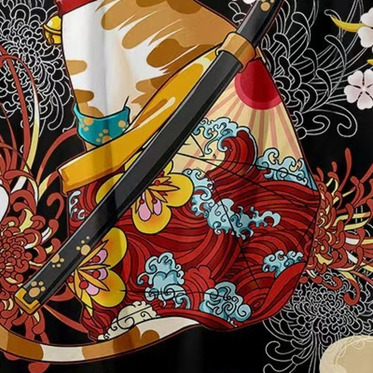 Men's sakura kimono jacket with cherry blossom and samurai cat print, print detail