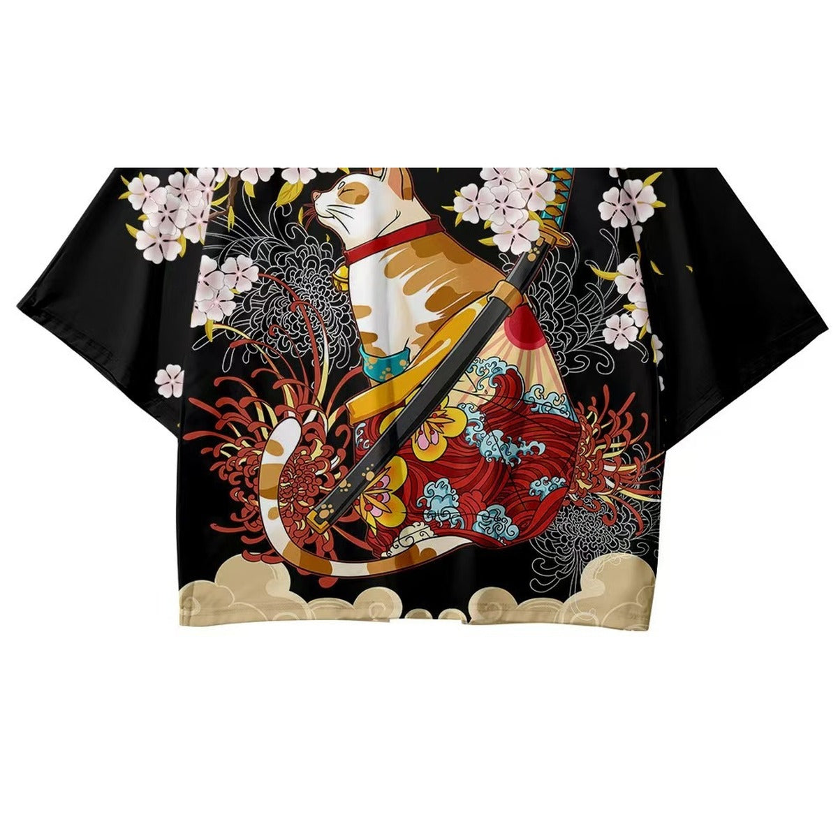 Men's sakura kimono jacket with cherry blossom and samurai cat print, samurai cat on the lower back