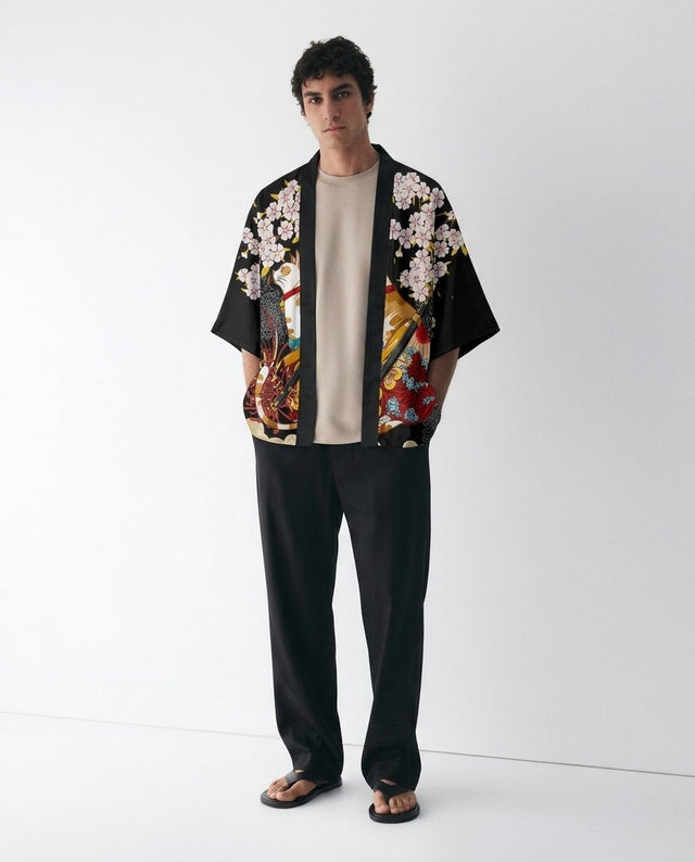 Sakura kimono for men on a model, front view, black