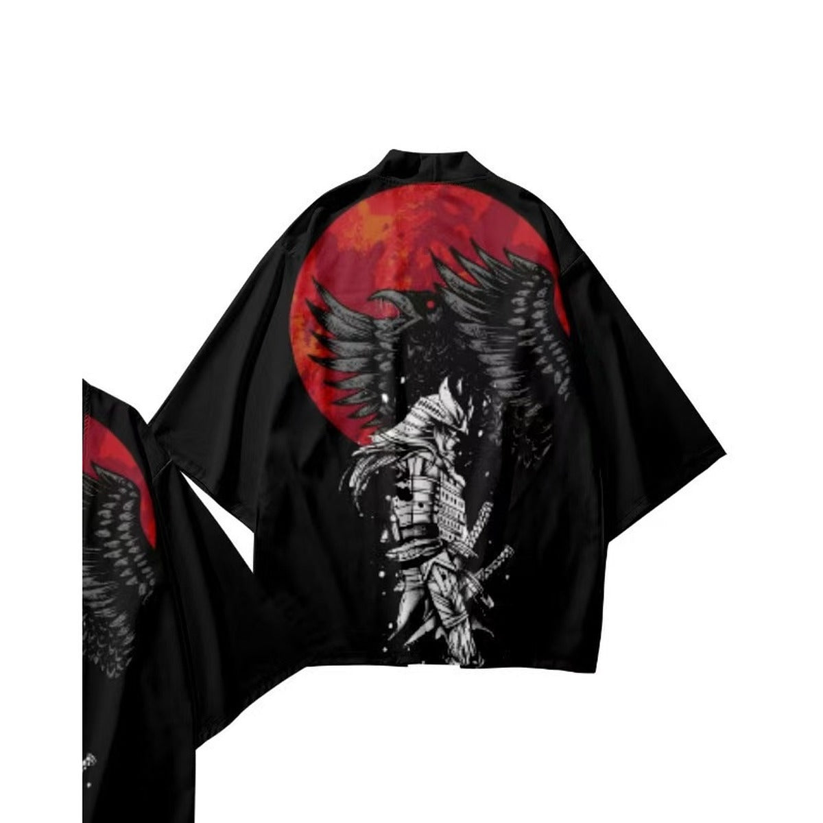 Men's samurai kimono jacket with samurai and red moon print, back view