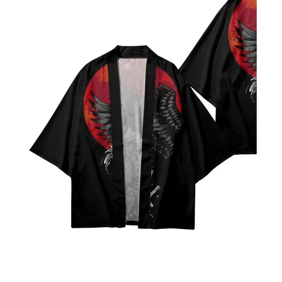 Men's samurai kimono jacket with samurai and red moon print, front view