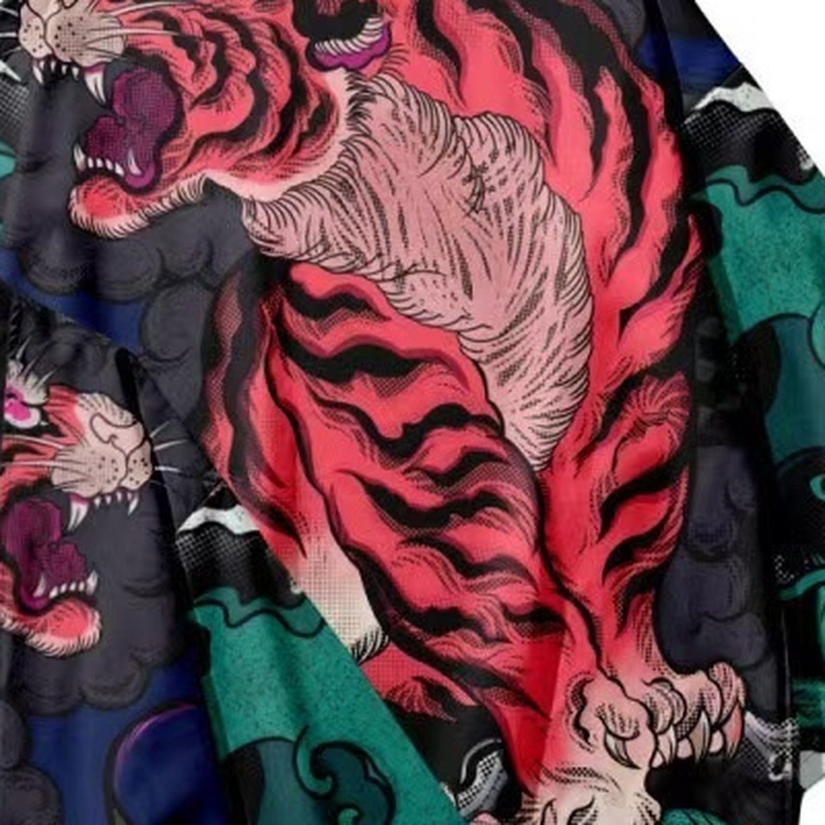 Men's tiger kimono jacket with pink tiger and teal wave print, print detail
