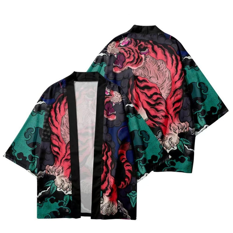 Men's tiger kimono jacket with pink tiger and teal wave print, front and back flat lay