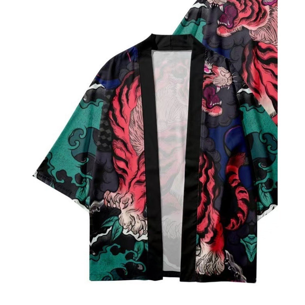 Men's tiger kimono jacket with pink tiger and teal wave print, front view