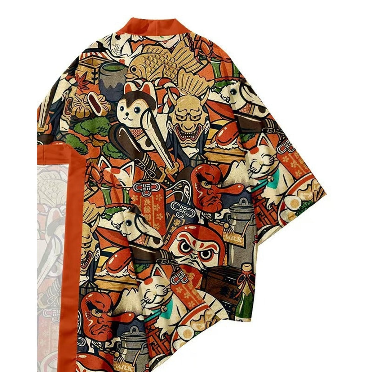Men's ukiyo-e kimono jacket with lucky cat and daruma print, back view