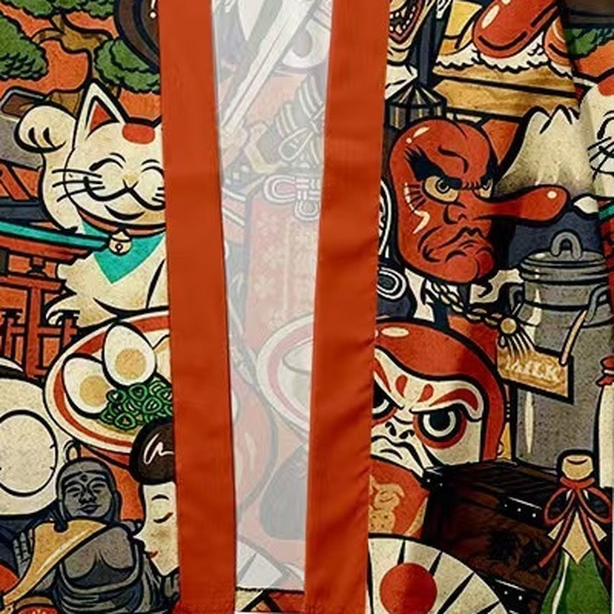 Men's ukiyo-e kimono jacket with lucky cat and daruma print, print detail