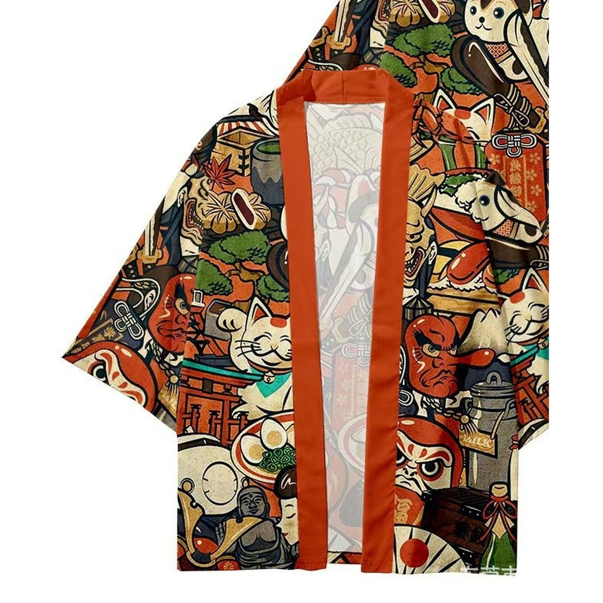 Men's ukiyo-e kimono jacket with lucky cat and daruma print, front view
