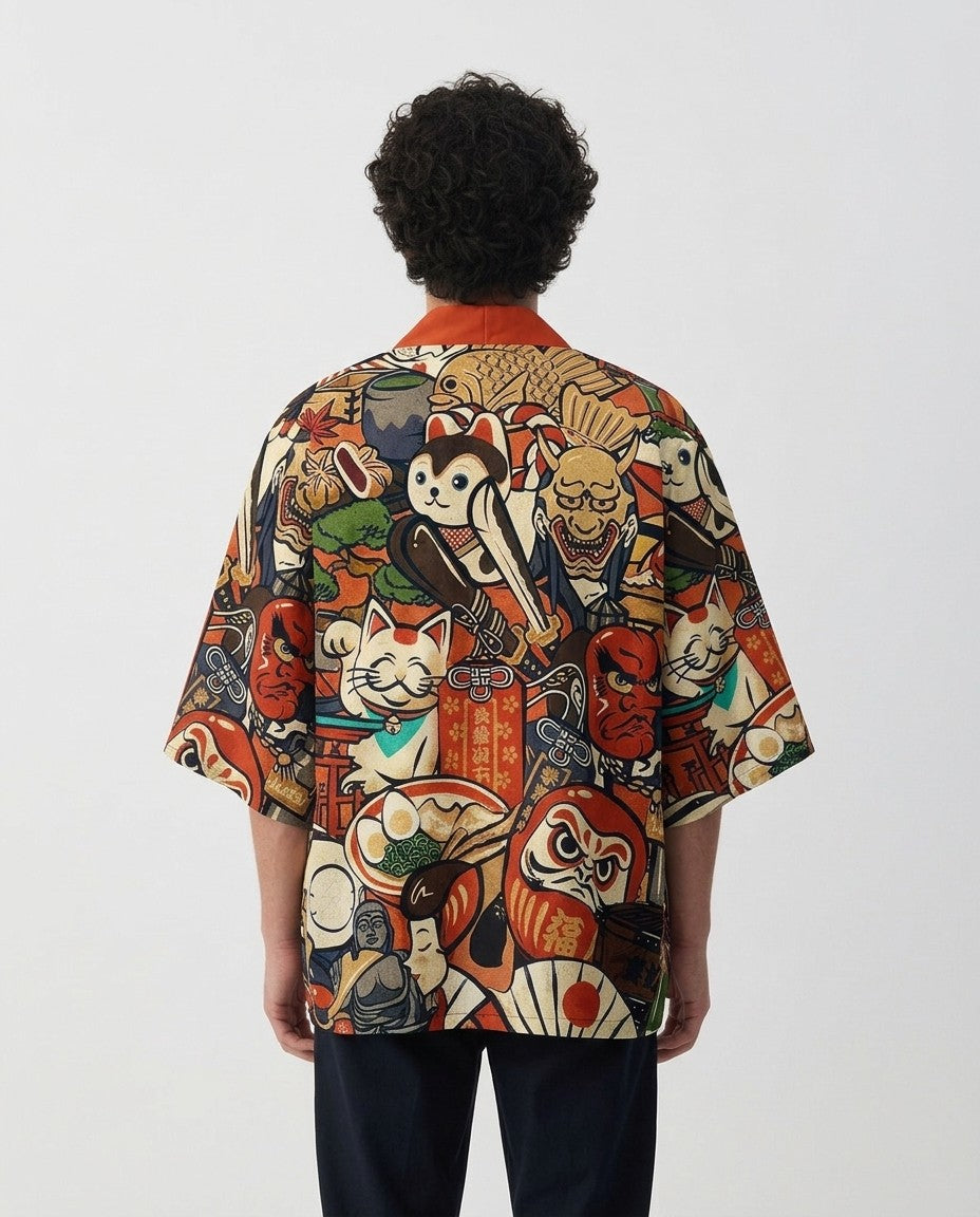 Ukiyo-e kimono for men on a model, back view