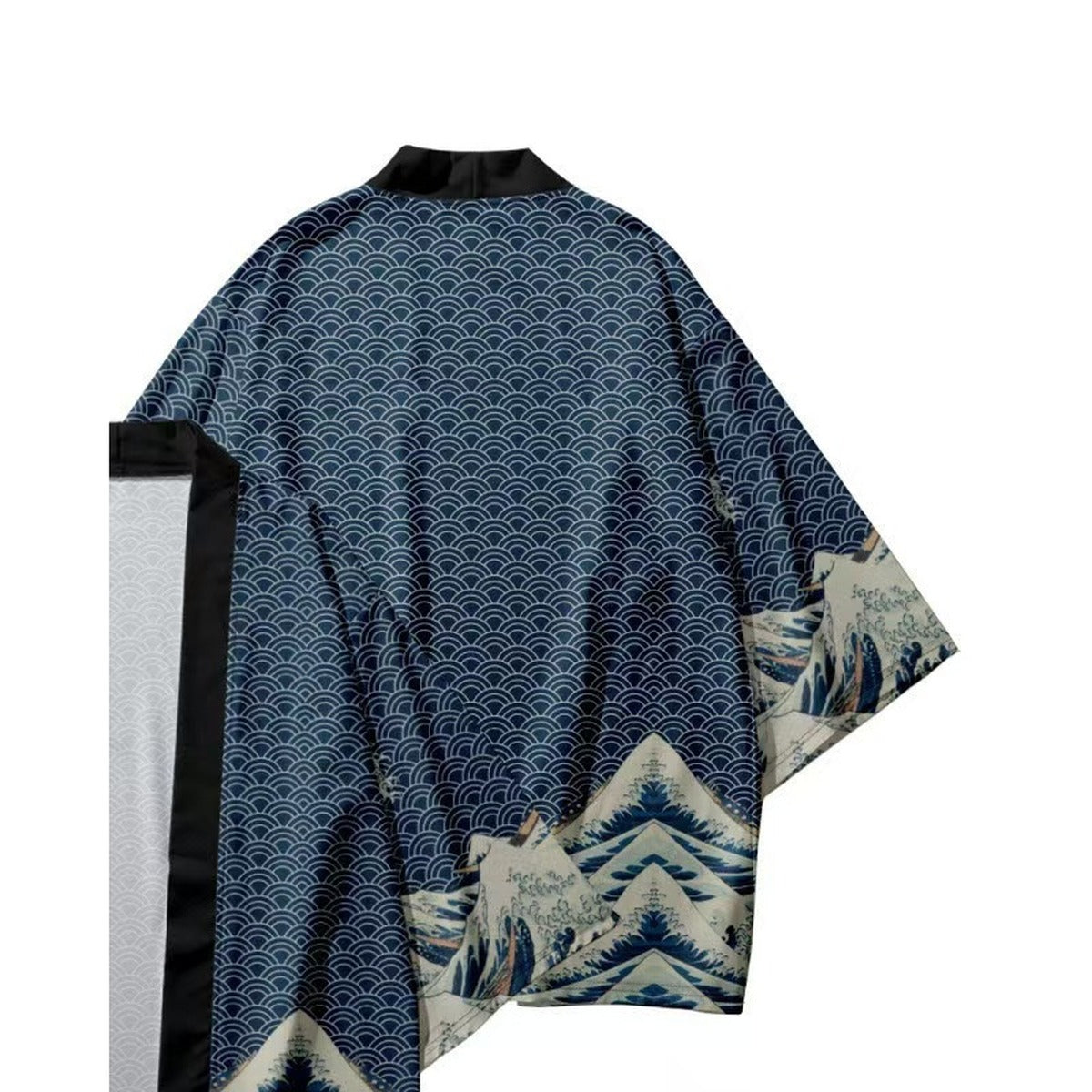 Men's wave kimono jacket with seigaiha and great wave print, back view