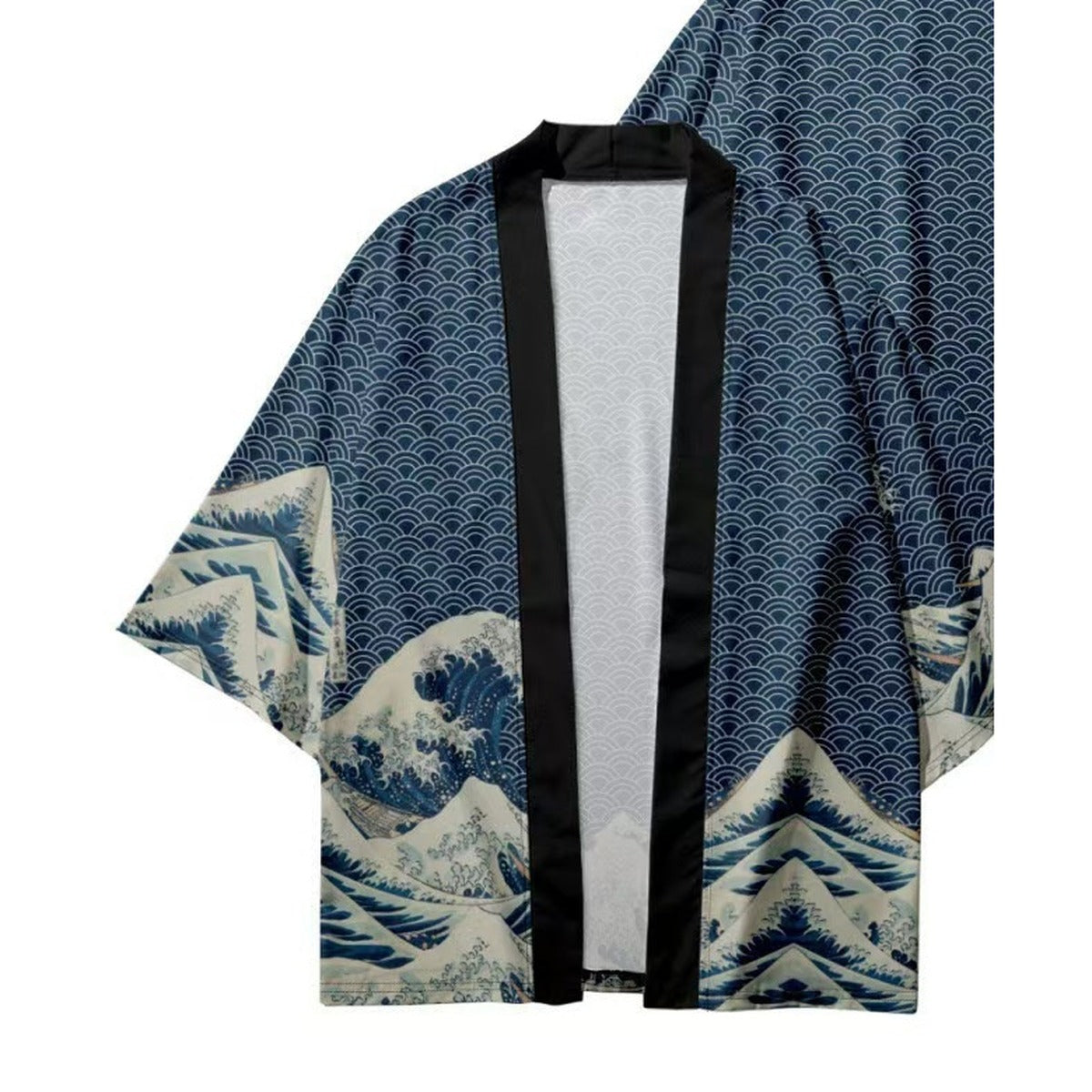 Men's wave kimono jacket with seigaiha and great wave print, front view