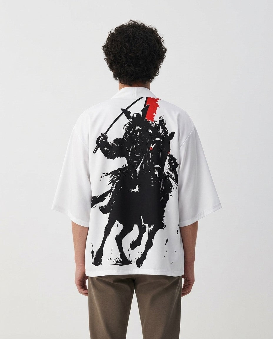 White haori jacket for men on a model, back view