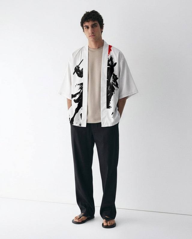 White haori jacket for men on a model, front view