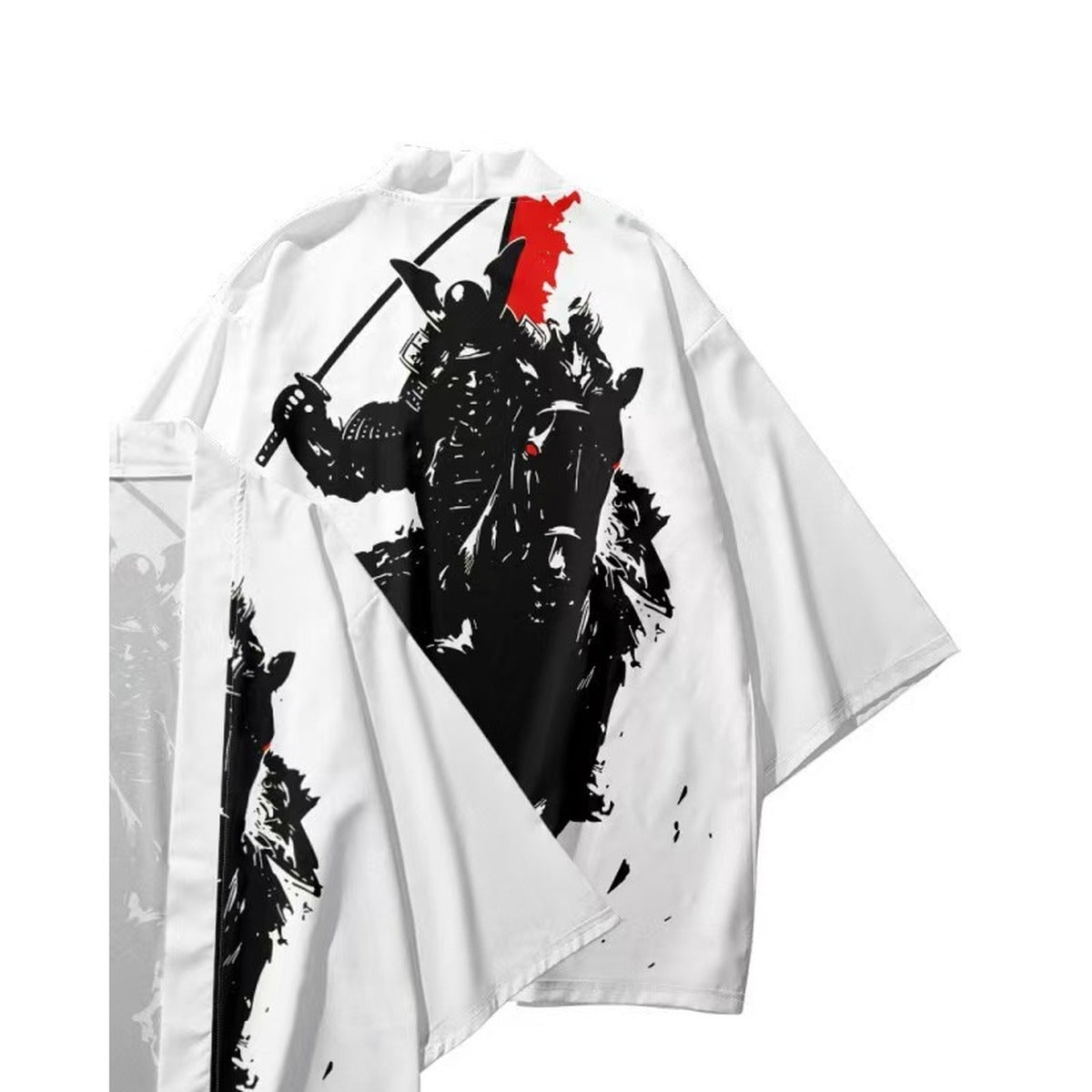 Men's white haori with ink samurai print, back view