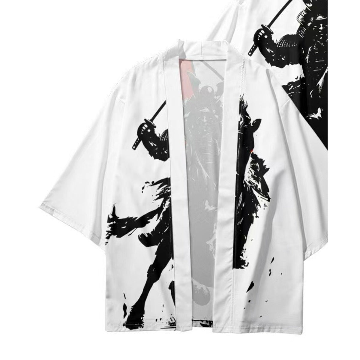 Men's white haori with ink samurai print, front view