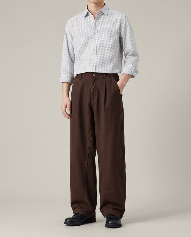Men's wide leg barrel pants in brown, front
