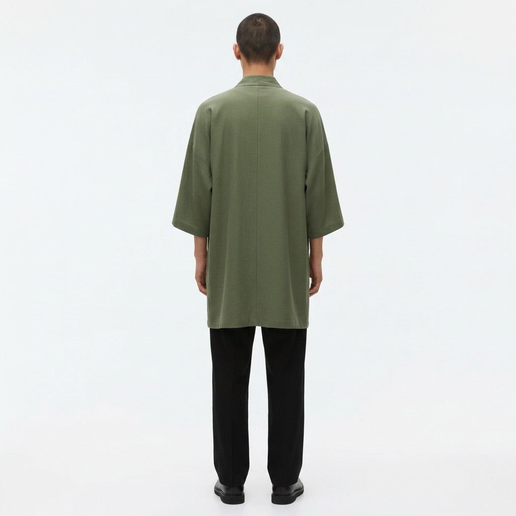 Long haori coat in army green, back view on model