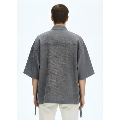 Plus Size Reversible Denim Cotton Linen Chinese-Style Robe Retro Loose Seven-Quarter Sleeve Hanfu Jacket on model - Gray - back